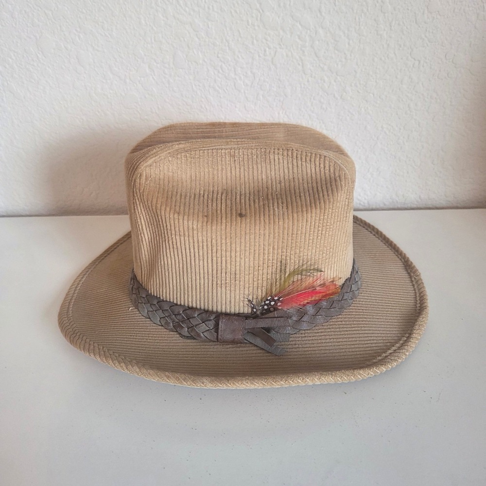 Vintage Tan Corduroy Fedora Hat with Braided Band and Feather Accent Medium